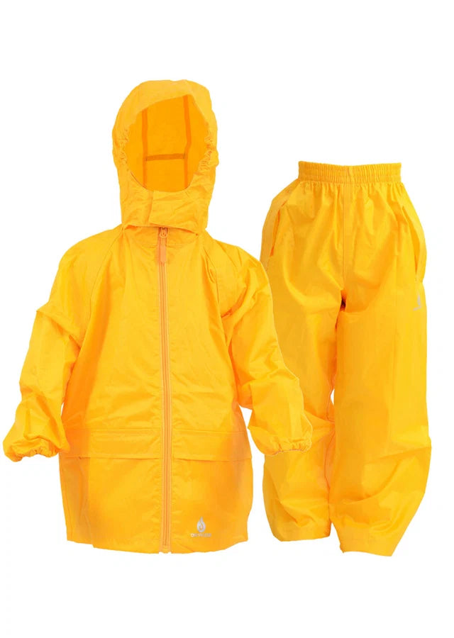 Bright yellow kids' rain suit set including a hooded jacket and matching pants, displayed on a plain white background.